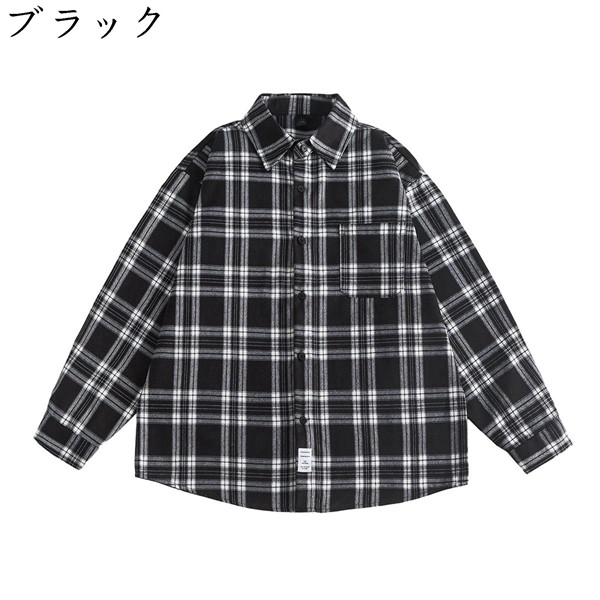 長袖シャツ メンズ チェックシャツ 黒白 開襟 綿麻シャツ ボタンダウン
