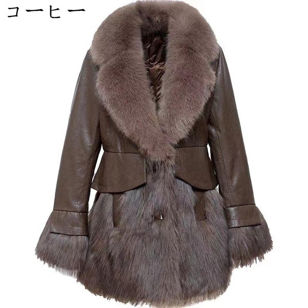 ピーコート ファージャケット レディース 3XL PUレザージャケット ファーコート 大きいサイズ 中綿ジャケット バイクジャケット 秋冬_2