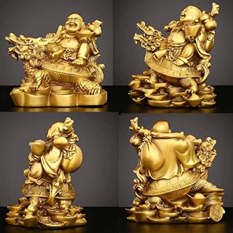 布袋様 置物 ゴールド 七福神 金色の 龍亀に座っている 布袋
