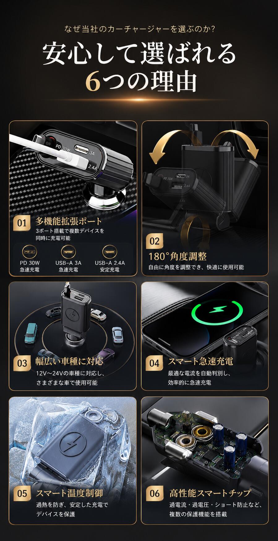 車載 シガーソケット 巻き取り式 急速充電器 ...の詳細画像1