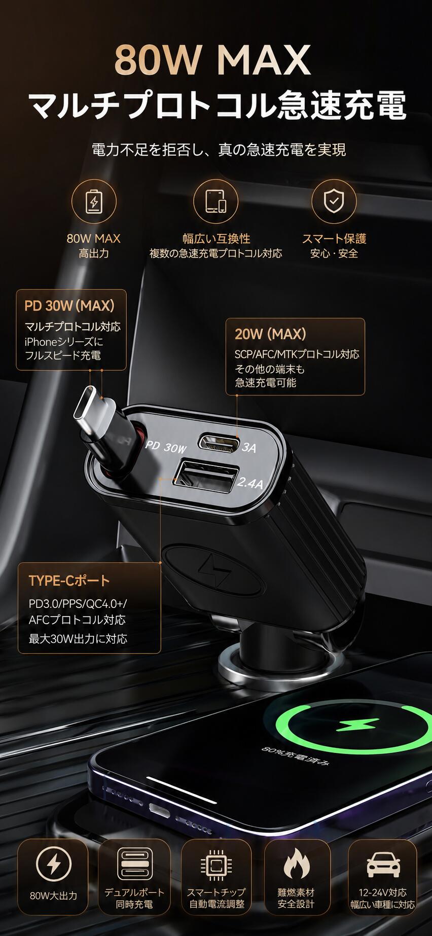 車載 シガーソケット 巻き取り式 急速充電器 ...の詳細画像4