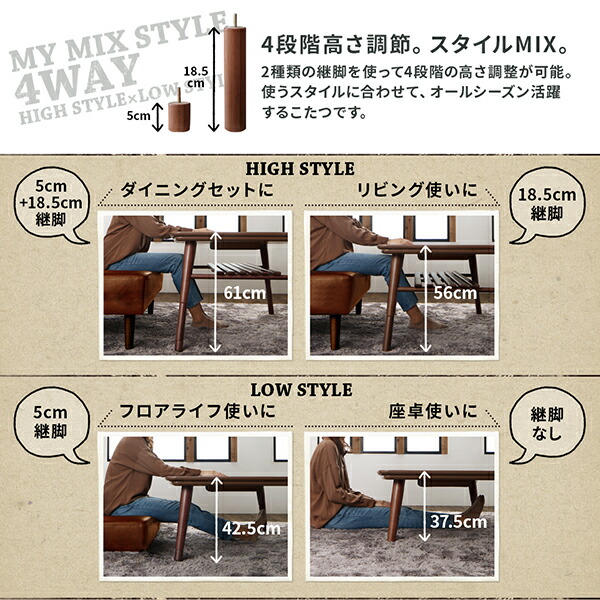 ダイニングセット（テーブル&ソファ） こたつもソファも高さ調節 3人 3点セット(テーブル+ソファ1脚+アームソファ1脚) 右アーム W105