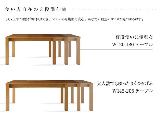 ダイニングテーブル 最大205cm 3段階伸縮 ワイドサイズデザインダイニングシリーズ ダイニングテーブル単品 W120 180 :a110134500026791:安眠生活応援団