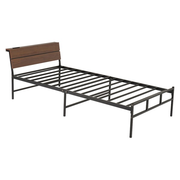 シングル ベッド スチール フレーム 単品 木目調 ヘッドボード 宮 棚