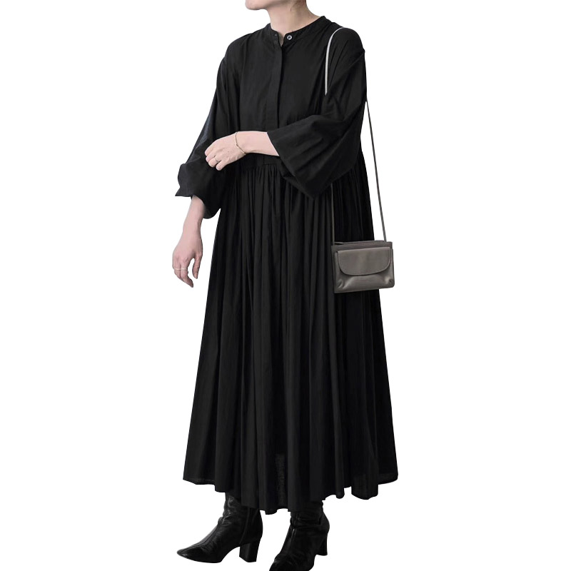 ギャザーワンピース ロングシャツワンピース コットン レディース 長袖