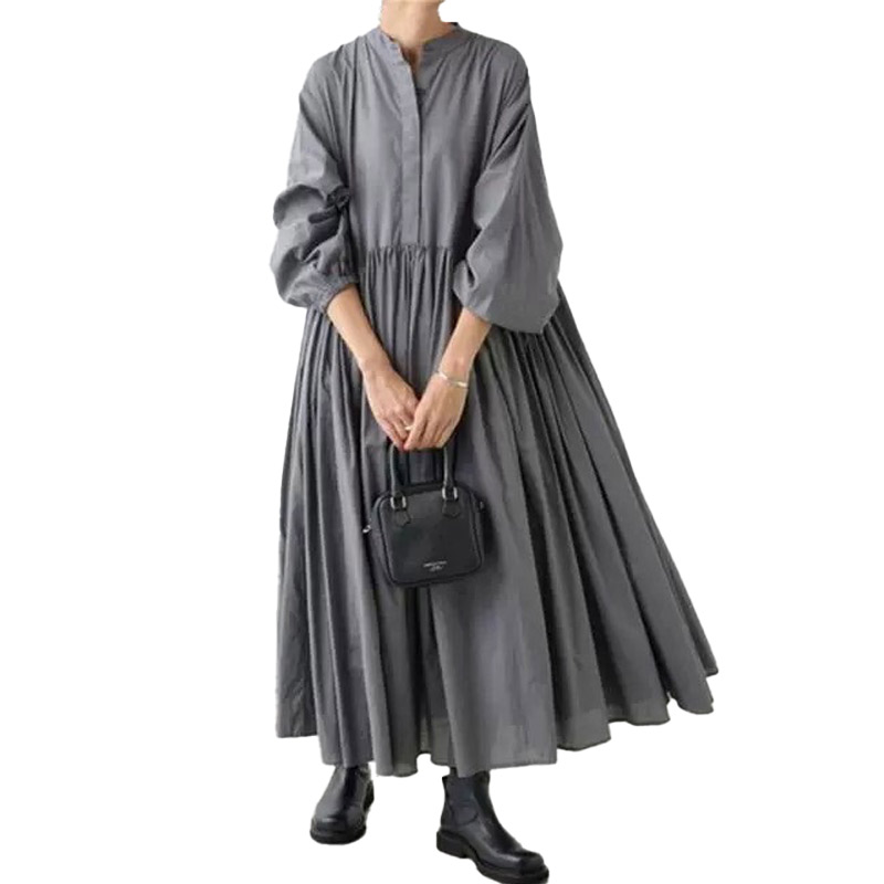 ギャザーワンピース ロングシャツワンピース コットン レディース 長袖