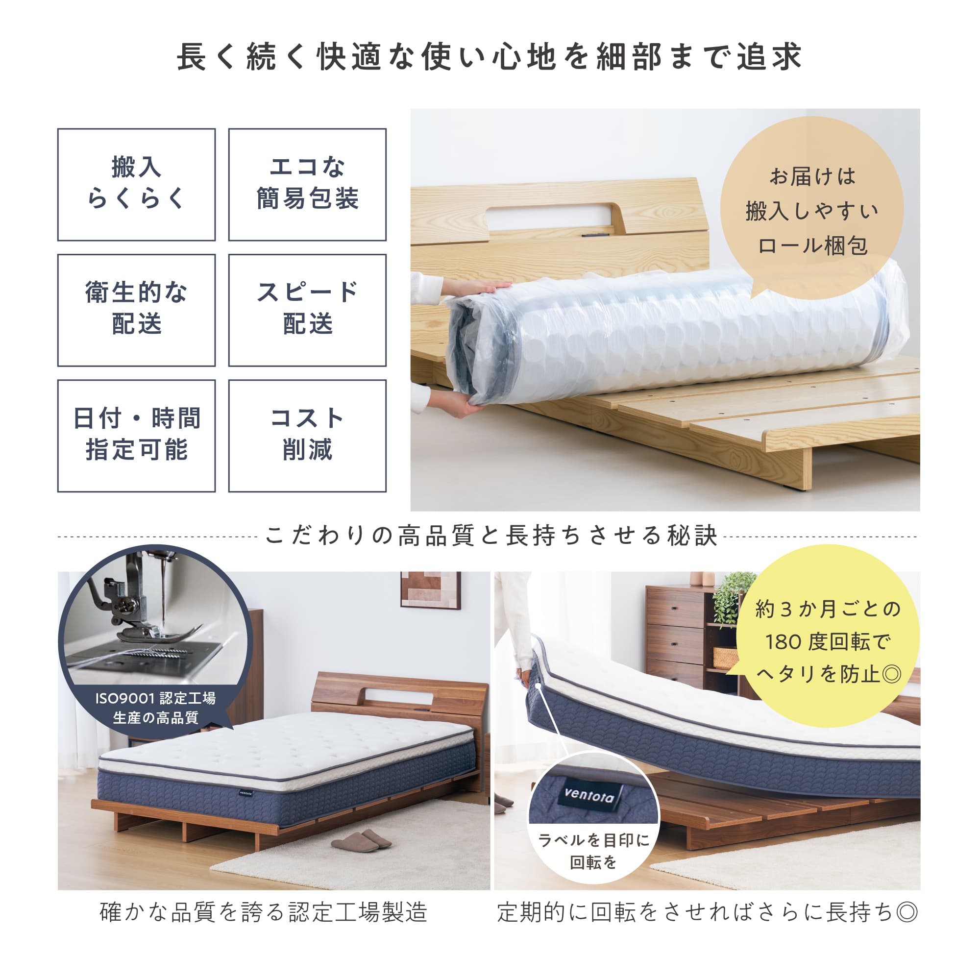 VENTOTA 【ダブル】マットレス 2層 ポケットコイル 抗菌防臭防ダニ 腰