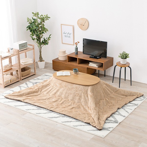 こたつ 薄掛け布団 2点セット 幅90cm 折れ脚 コタツテーブル アルミシート入 掛け布団 折りたたみ オーバル型 リビング テーブル カルミナビケ 家具 送料無料の画像