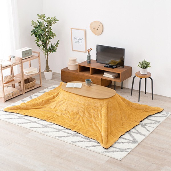 こたつ 薄掛け布団 2点セット 幅90cm 折れ脚 コタツテーブル アルミシート入 掛け布団 折りたたみ オーバル型 リビング テーブル カルミナビケ 家具 送料無料の画像