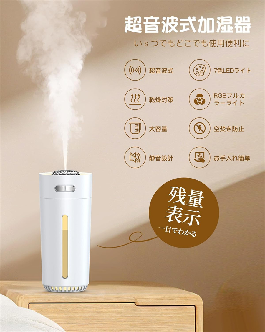 加湿器 小型 卓上 除菌 アロマ対応 RGBライト お手入れ簡単 6畳対応