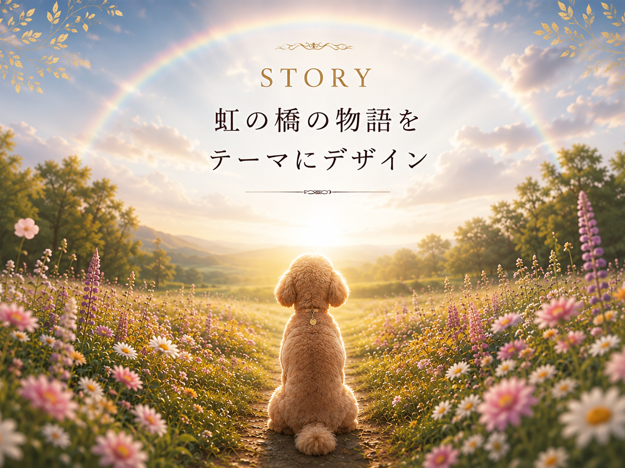 美しい花々が咲き、光にあふれたあたたかい場所、虹の橋でペットが飼い主との再開を待っているイメージ画像