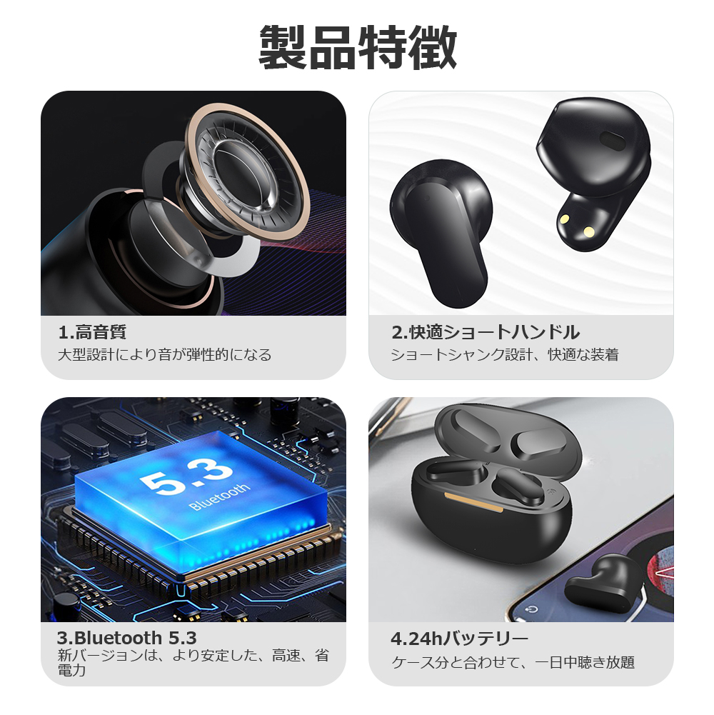 ワイヤレスイヤホン Bluetooth5.3 FIPRIN 7218 コンパクト 高音質 重低音 防水 スポーツ iPhone 14 13 Android ブルートゥース 最新型