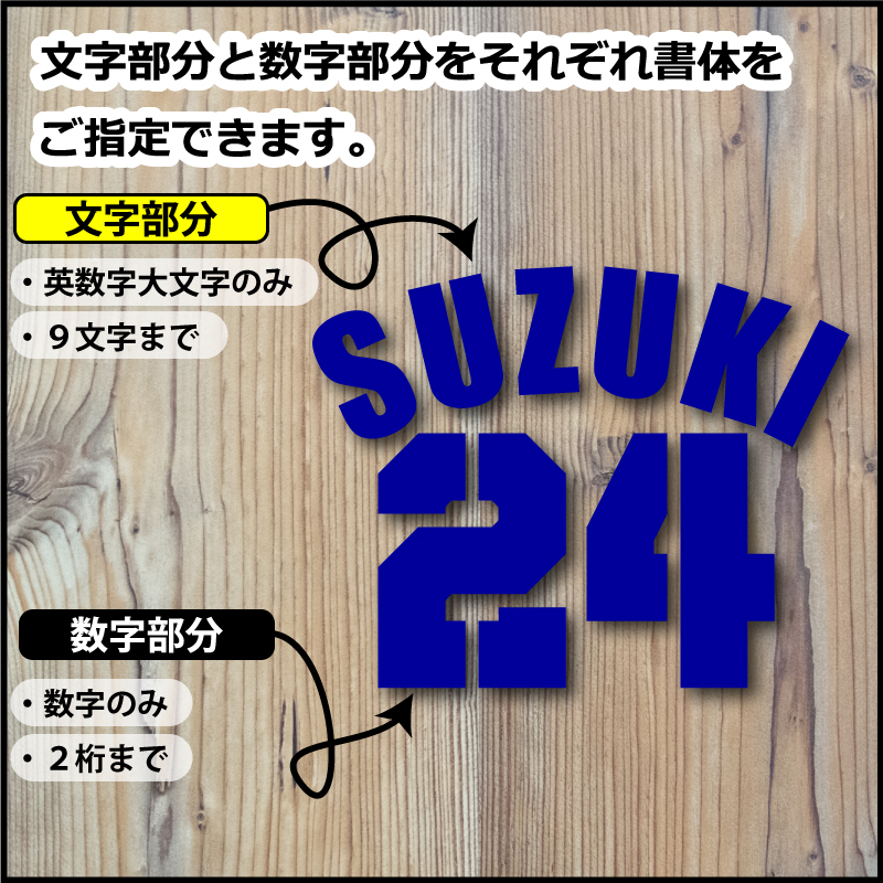 お好きな文字 お名前・数字で背番号風ステッカー シール ４枚SSサイズ