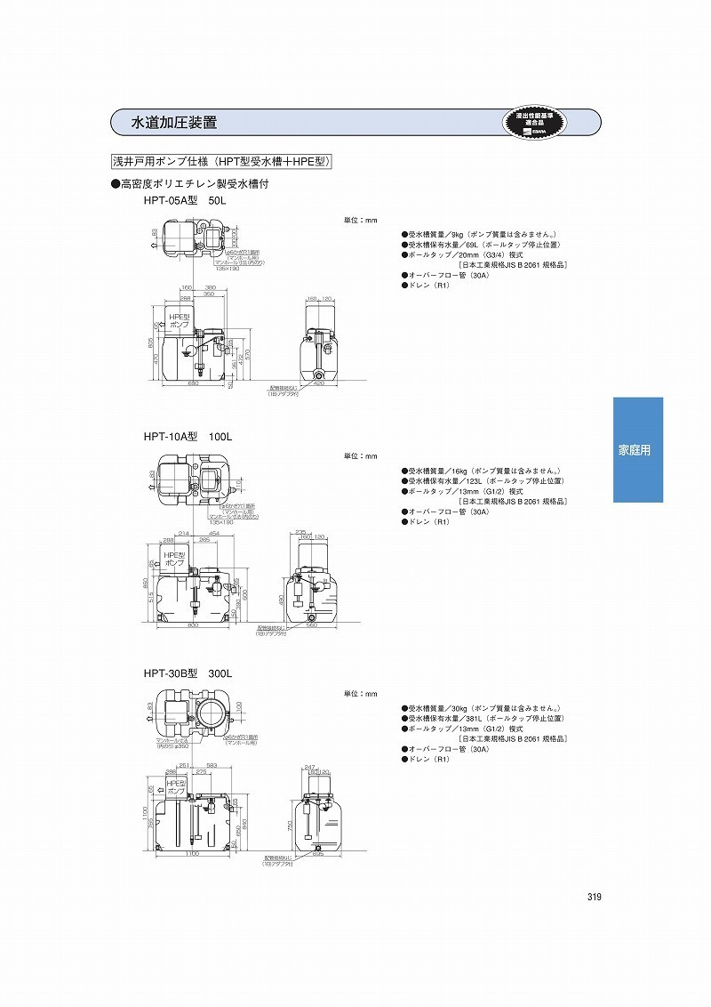 エバラ 水道加圧装置用受水槽 HPT-50FA ポンプ別売り FRP 容量500L