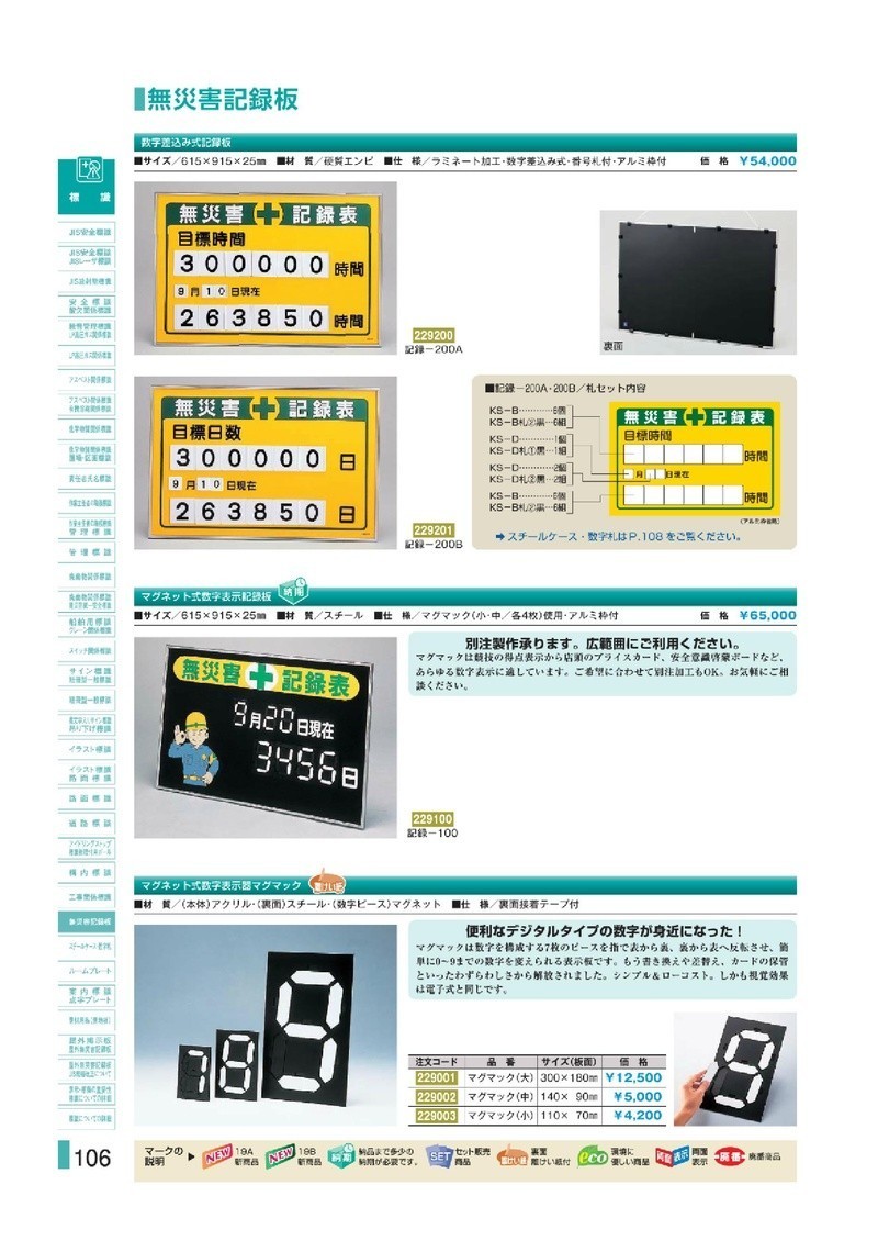 緑十字 マグネット式数字表示記録板 記録-100 緑十字 記録-100 無災害