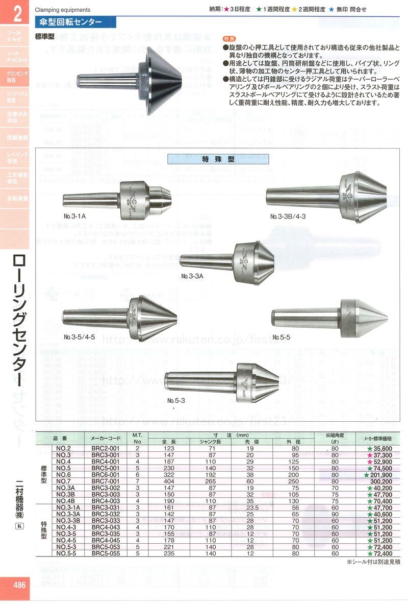 二村機器 ローリングセンター 傘型回転センター BRC6-001 標準型 No.6