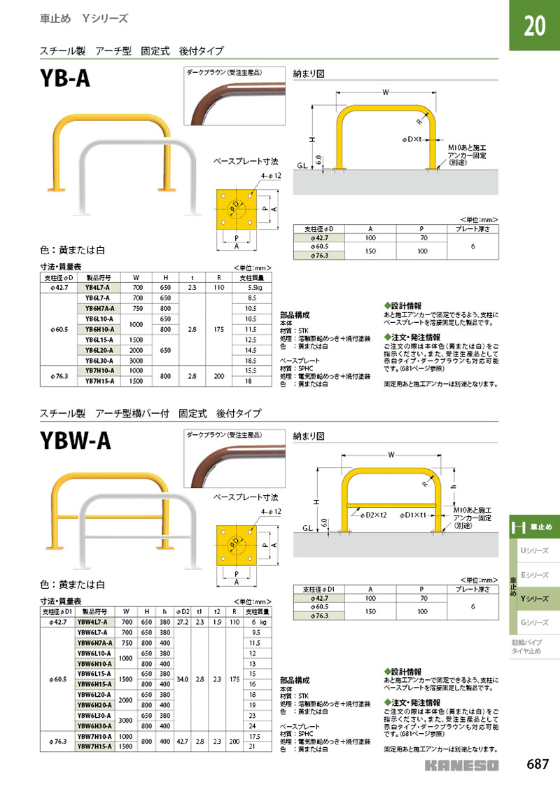 カネソウ 車止め YB6H7A-A(白) (1048226889) Φ60.5×800(H)×750(W) 色