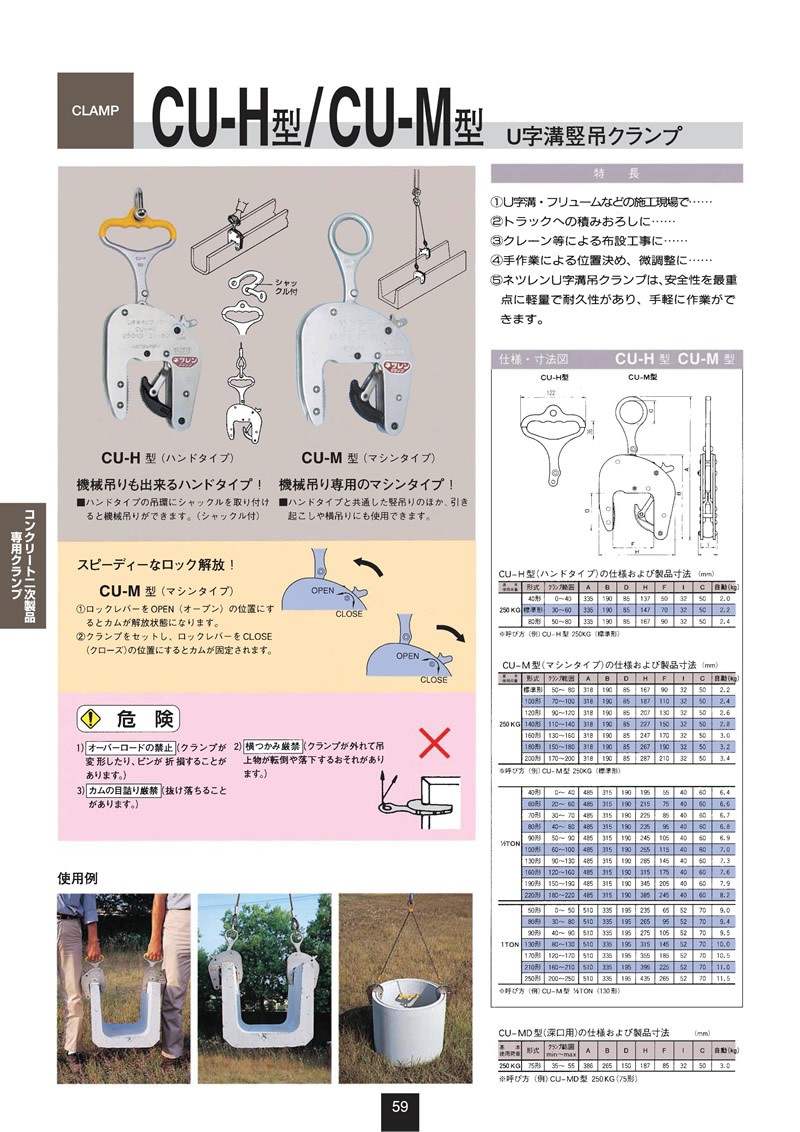 三木ネツレン F3000 U字溝竪吊クランプ CU-H型 30-60 250KG