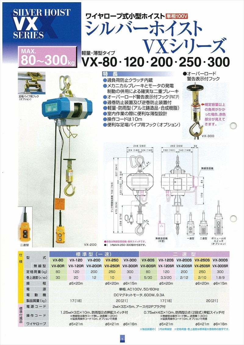 富士製作所 電動ホイスト シルバーホイスト VX-200 単相100V 