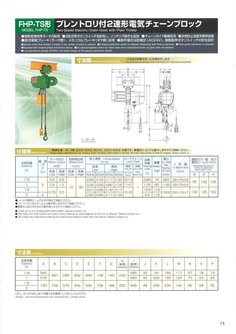 上等な 二葉製作所 電気チェーンブロックＦＨＰ−ＴＳ型FHP-TS1.5T 3M