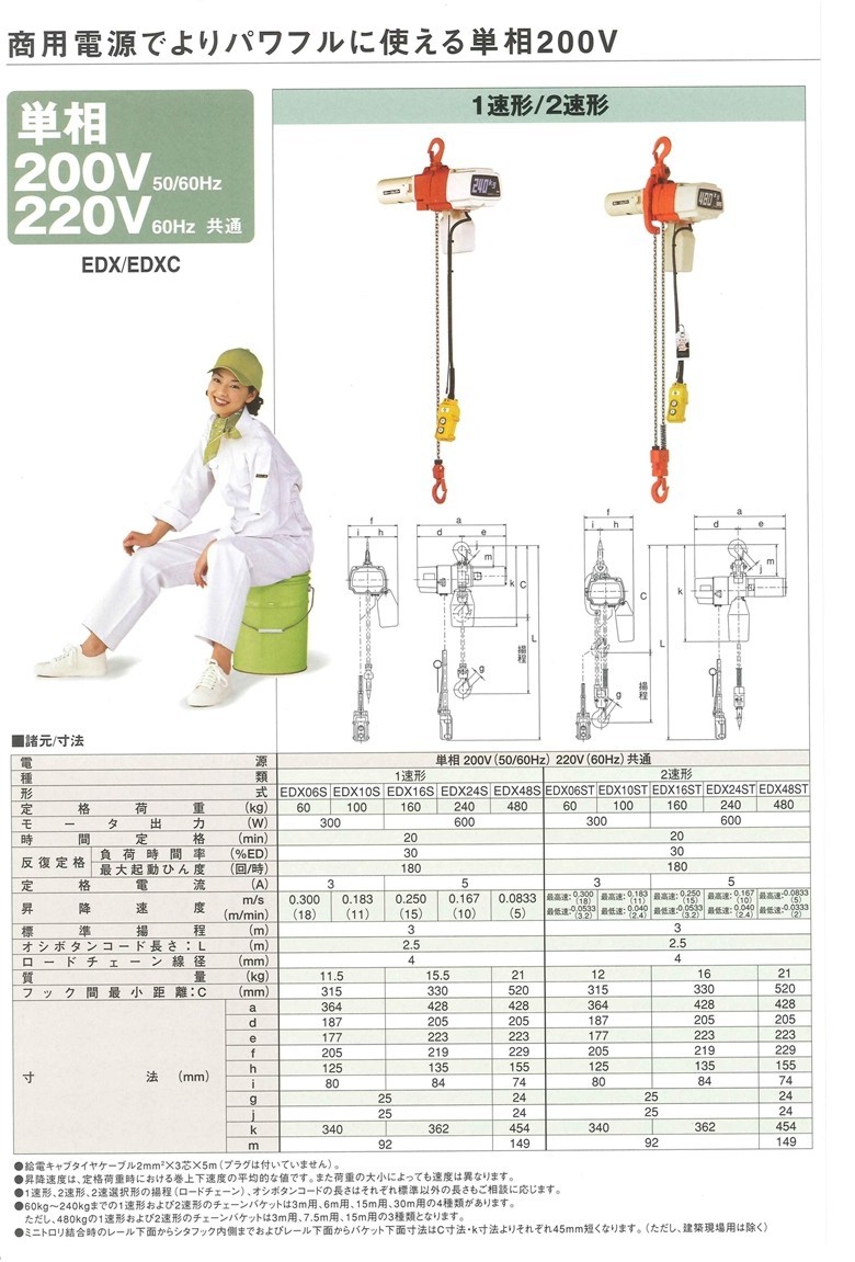 セレクト電気チェーンブロック2速 単相200V 60kg EDX06ST - 工具