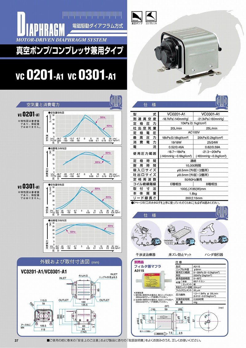 日東工器 ダイヤフラム式ポンプ 真空ポンプ-コンプレッサ兼用 VC0201