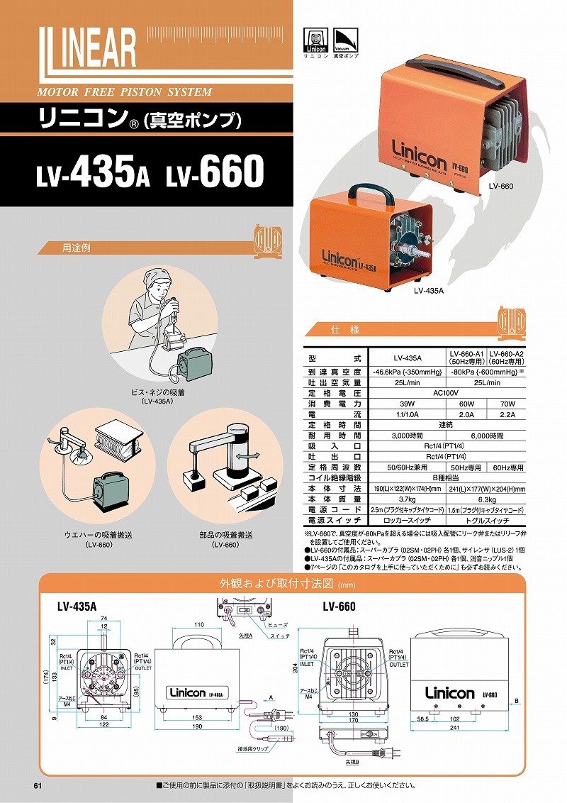 最高級 日東工器 リニコン真空ポンプ 25L min 39W 1-7337-01 kead.al