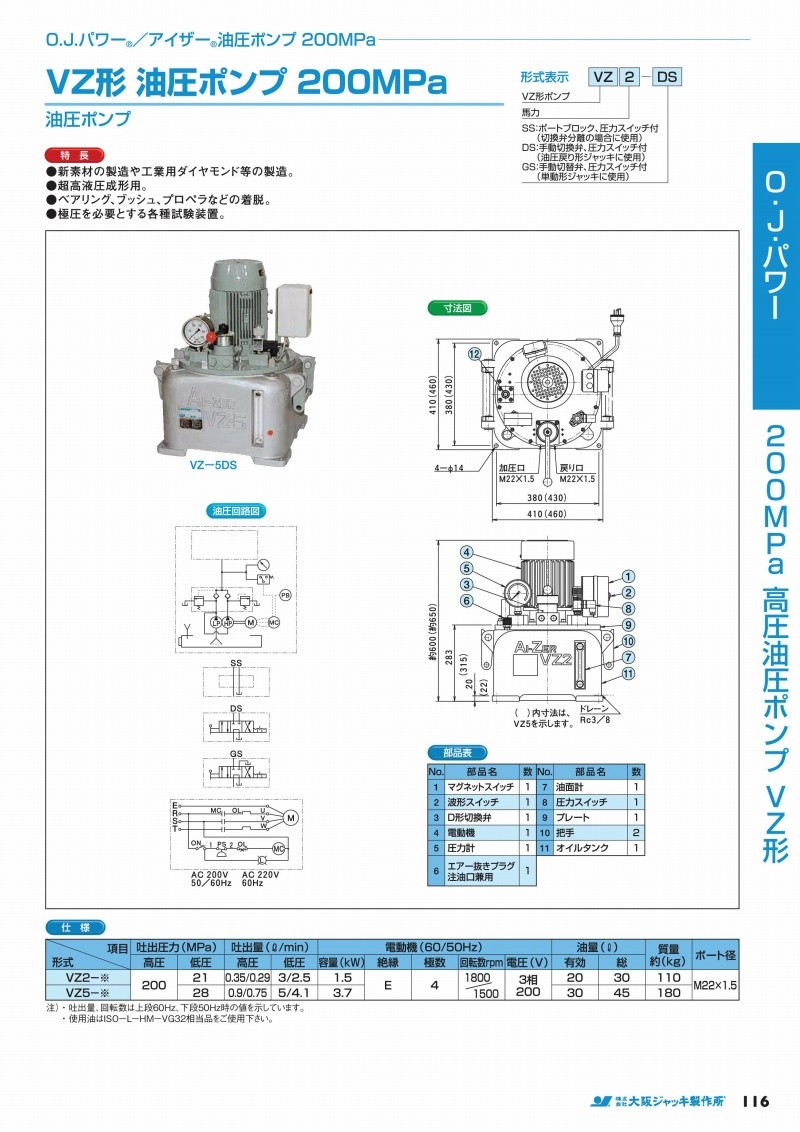 高級素材使用ブランド 大阪ジャッキ製作所 ＶＺ形油圧ポンプ VZ2-SS