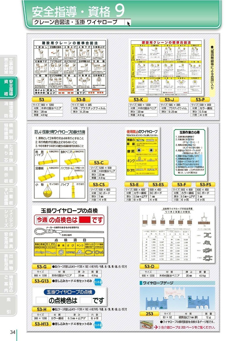 つくし工房 安全標識 53-G 『玉掛ワイヤロープの点検/＿の点検色は＿