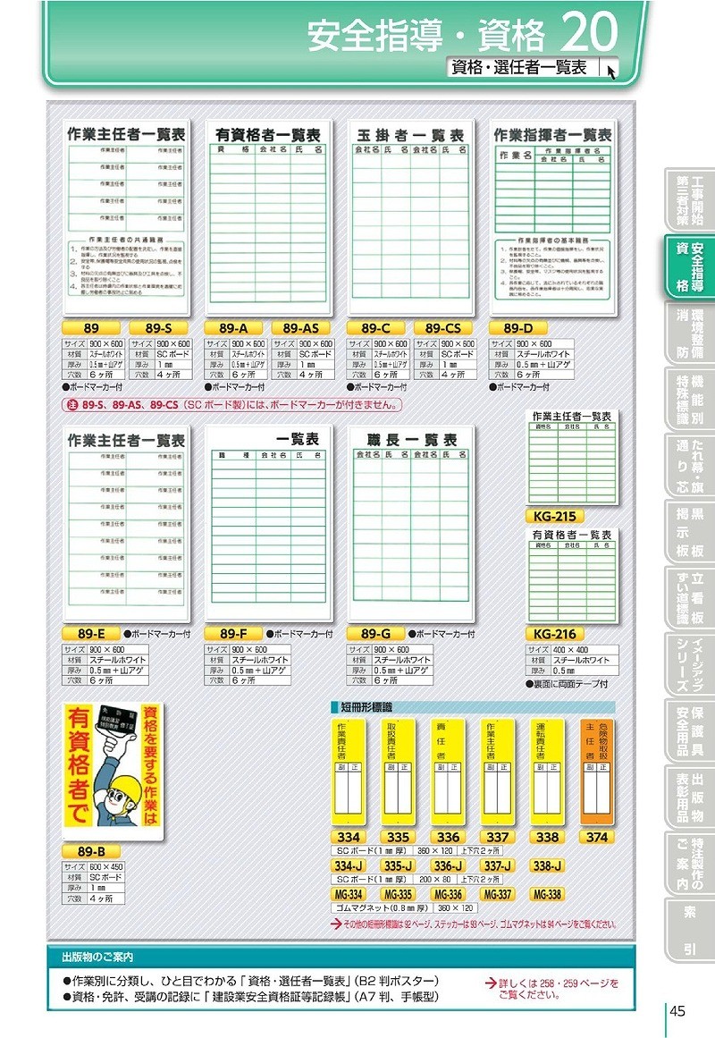 つくし工房 安全標識 89 『作業主任者一覧表』 資格・選任者一覧表