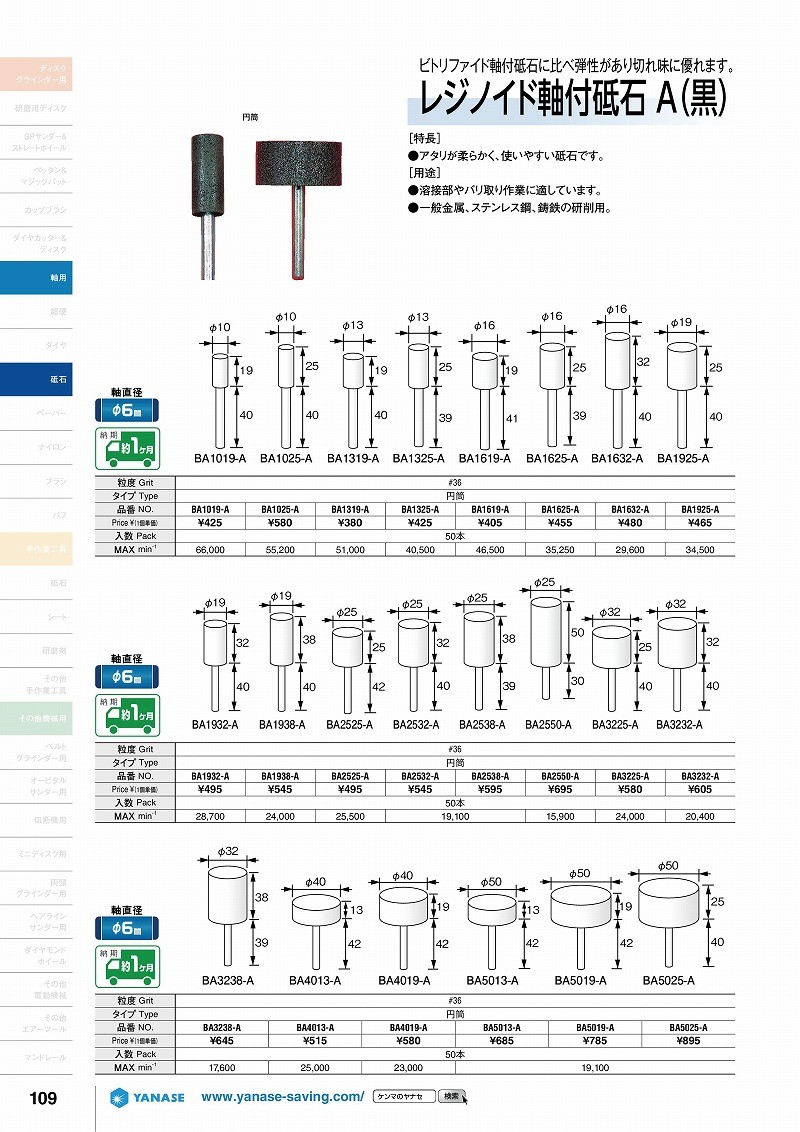 好評特価 柳瀬(ヤナセ) レジノイド軸付砥石A(黒) 円筒 φ6軸 #36 φ19