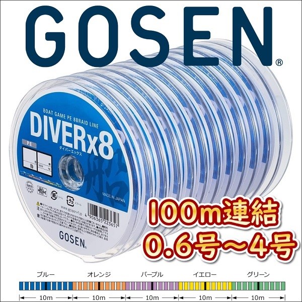 ゴーセン PEダイバーx8 船 0.6号 0.8号 1号 1.2号 1.5号 2号 2.5号 3号 4号 100m連結 5色分け 日本製 国産8本組PEライン