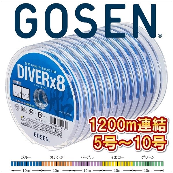 ゴーセン PEダイバーx8 船 5号 6号 8号 10号 1200m連結 5色分け ダイバーエックス エイト 日本製 国産8本組PEライン :daiba 8 1200 510:フィッシングケーズ2