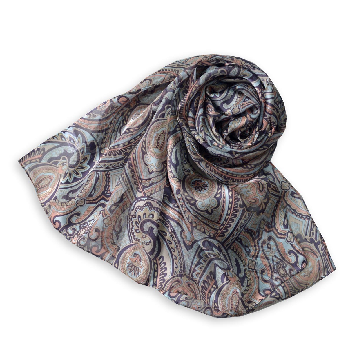 シルク100% サテンストライプ ハンドプリント ロングスカーフ