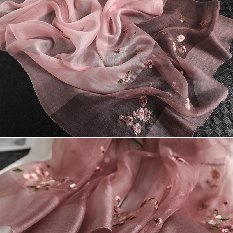 エレガントな花柄刺繍シルクウールグラデーション大判ストール