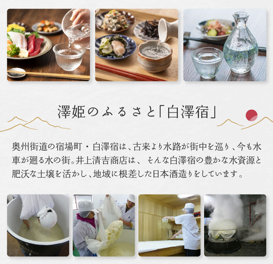 奥州街道の宿場町・白澤宿は、古来より水路が街中を巡り、今も水車が廻る水の街。井上清吉商店は、そんな白澤宿の豊かな水資源と肥沃な土壌を活かし、地域に根差した日本酒造りをしています。