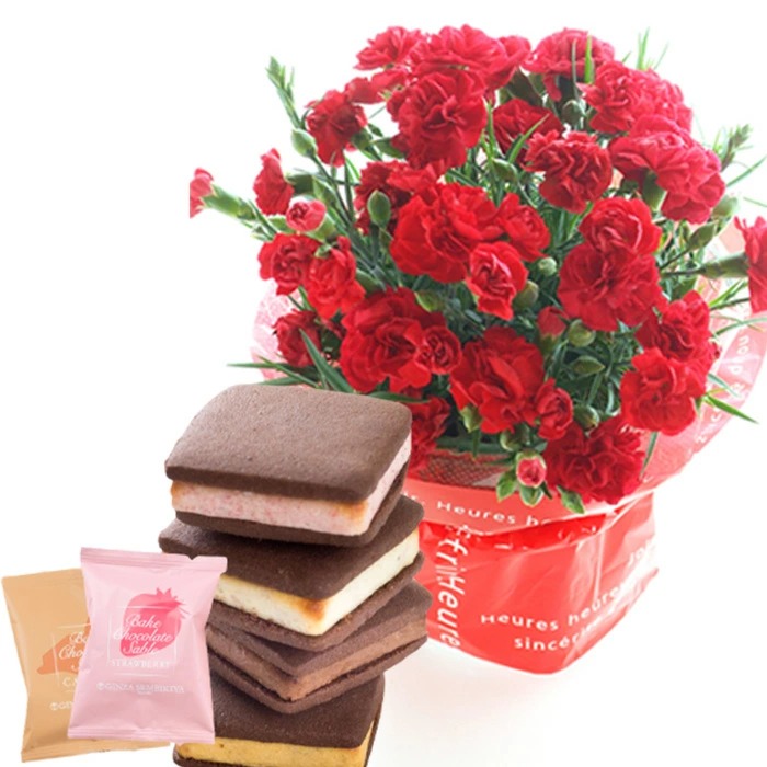 遅れてごめんね 母の日 ギフト 花 2026 スイーツ お菓子 花とスイーツ プレゼント 選べる カーネーション と千疋屋スイーツ クッキー缶 銀座千疋屋 FKHH | FlowerKitchen | 05