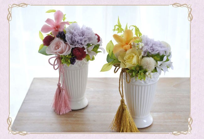 KAORI　仏花一対花器付き　プリザーブドフラワー　お供え花 FlowerKitchen 仏花 枯れないお供えプリザーブドフラワー 花織