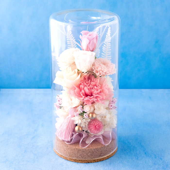 仏花　プリザーブドフラワーアレンジ　クリアケース入り　お供え花　ピンポンマム 仏花 プリザーブドフラワー 初盆 新盆 喪中見舞い 花 お供え 菊