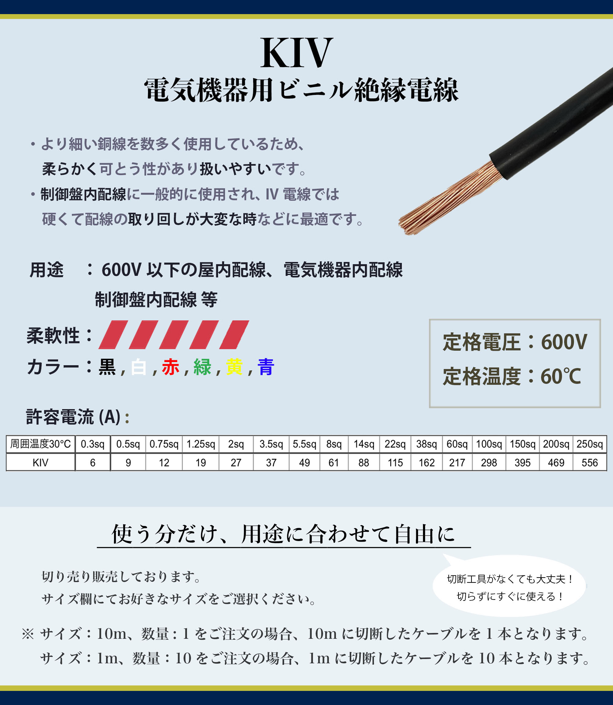 電気機器用ビニル絶縁電線 KIV 2sq 切り売り(1m〜100m) 絶縁キャップ付き 国内メーカー品 黒 白 赤 緑 黄 青 600V ケーブル 関連画像2