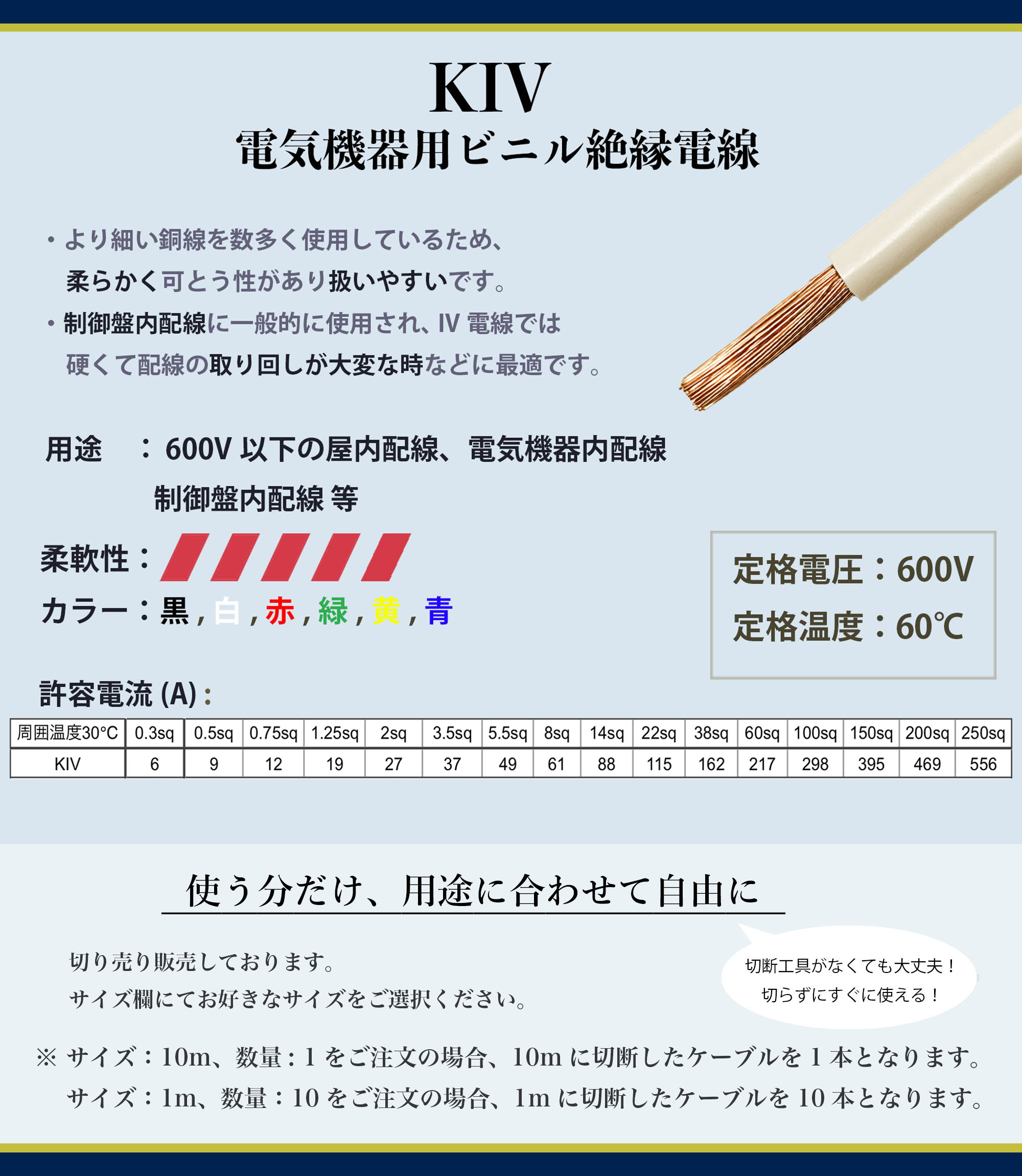 KIV 22sq 切り売り(1m〜50m) 絶縁キャップ付き 国内メーカー品 黒 白 赤 緑 黄 青 600V 電気機器用ビニル絶縁電線 関連画像1