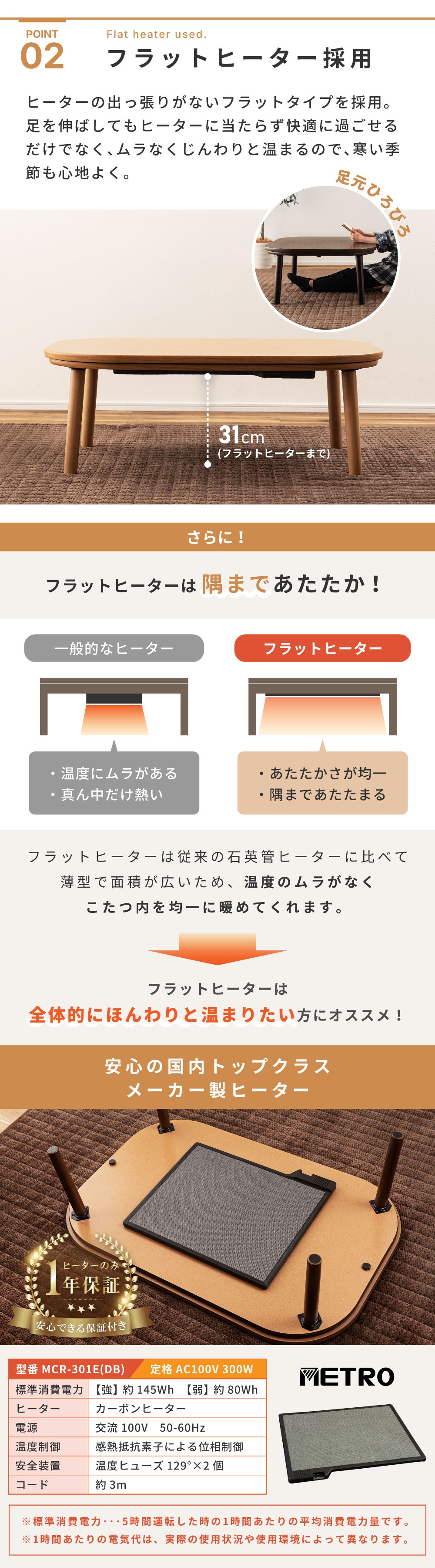 こたつテーブル 長方形 幅105cm 角丸 安全 木目調 天然木 木製 フラットヒーター スリム コンパクト おしゃれ 北欧 ナチュラル モダン シンプル 手元コントローラー センターテーブル リビング 座卓 一人暮らし