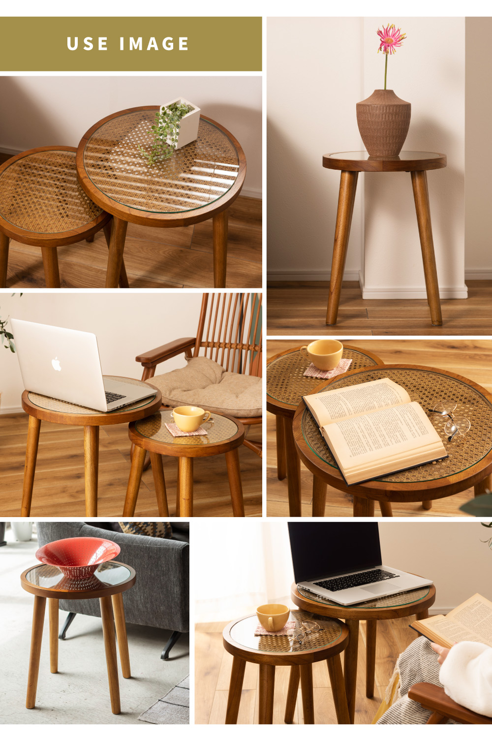 東谷 サイドテーブル 円形 S テーブル ラタン 籐 ガラス 天然木