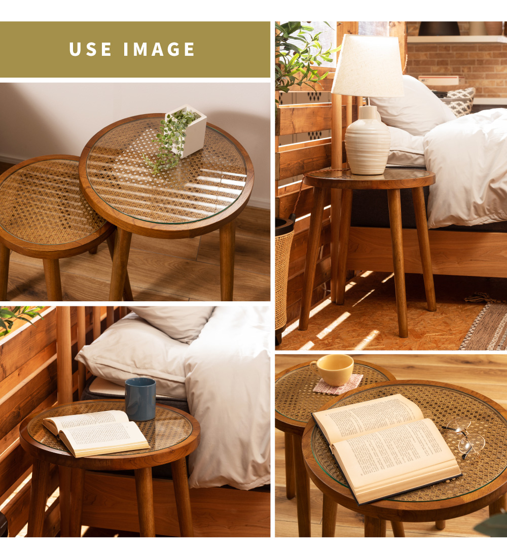 東谷 サイドテーブル 円形 M テーブル ラタン 籐 ガラス 天然木