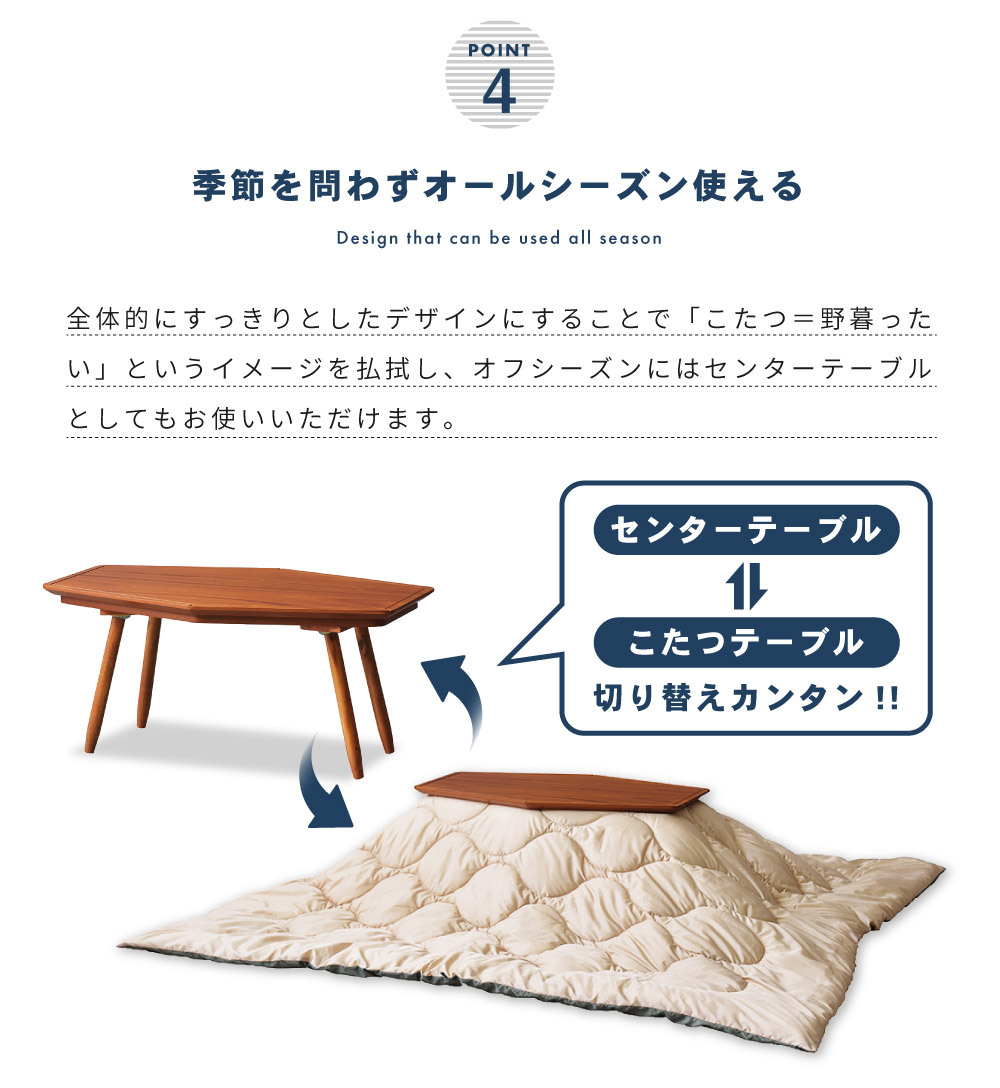 こたつ こたつテーブル 本体 おしゃれ 六角形 多角形 80×50cm 木製 天然木 コンパクト 小さい 小さめ ミニ オールシーズン 石英管ヒーター 安い