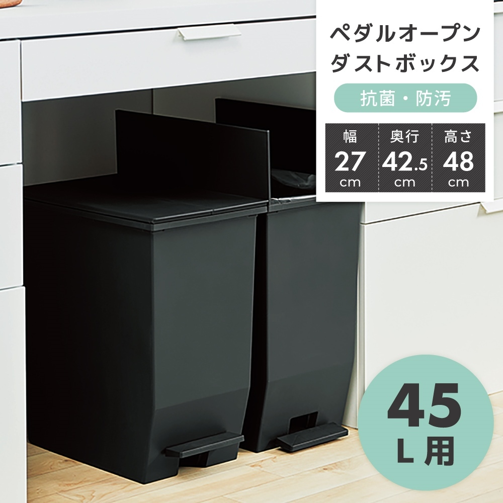 ダストボックス 45L ゴミ箱 ふた付き ペダル付き 抗菌 防汚 リビング キッチン ホワイト/ブラック 棚下 片付け 模様替え 室内 手使わない