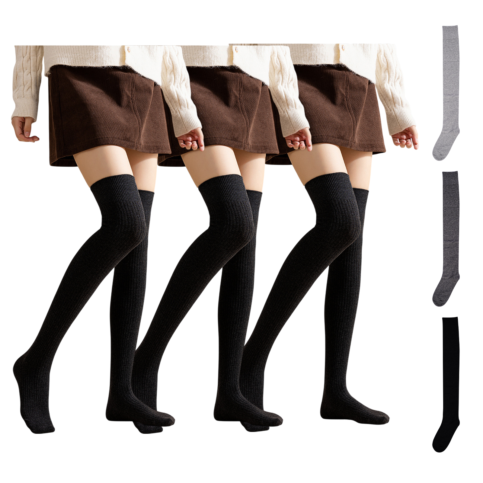 ニーハイソックス 靴下 同色 3足 3組 セット 左右計6枚 ニーハイ ソックス 細リブ 太リブ コットン 綿混 綿 レディース 美脚 細見え 無地 ロング丈 膝上 小学生 |  | 01