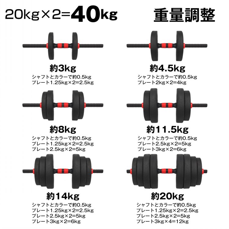 ダンベル 可変式 20kg 40kg ダンベルセット 2個セット 2セット 