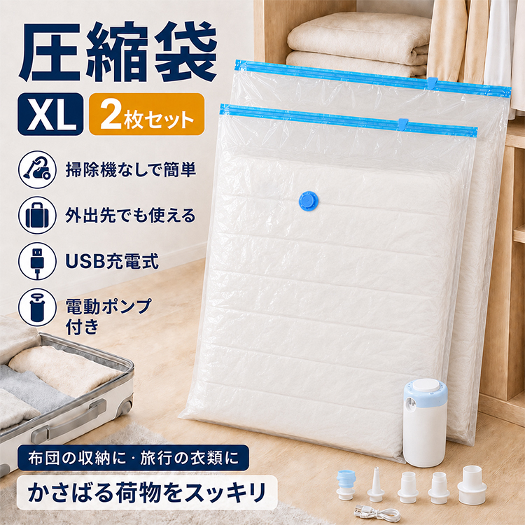 圧縮袋 2枚セット 電動ポンプ付き USB充電式 掃除機不要 衣類圧縮袋