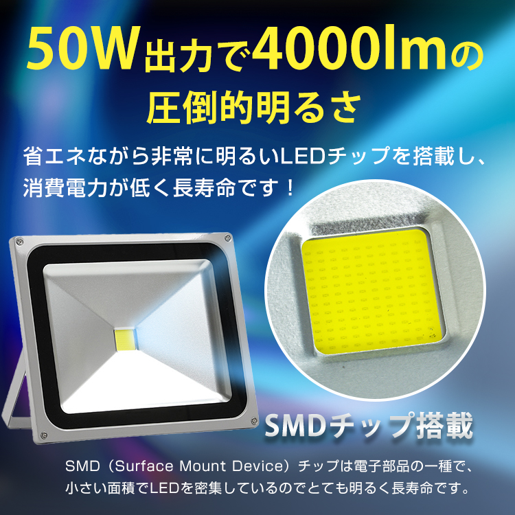 LED 投光器 50W 2個セット 防水 作業灯 ワークライト 3mコード 投光灯 高輝度 4000lm SMD 屋外用 外灯 防塵 強化ガラス 防犯  PSE 放熱 昼光色 : sl094 : Fkstyle - 通販 - Yahoo!ショッピング